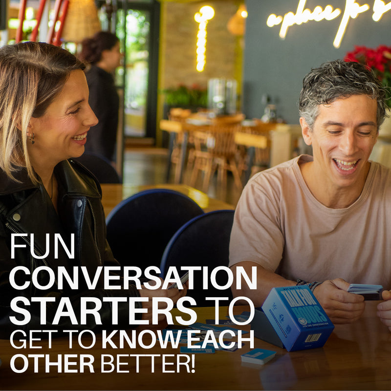 Couple playing Talk for Hours conversation starter card game at home