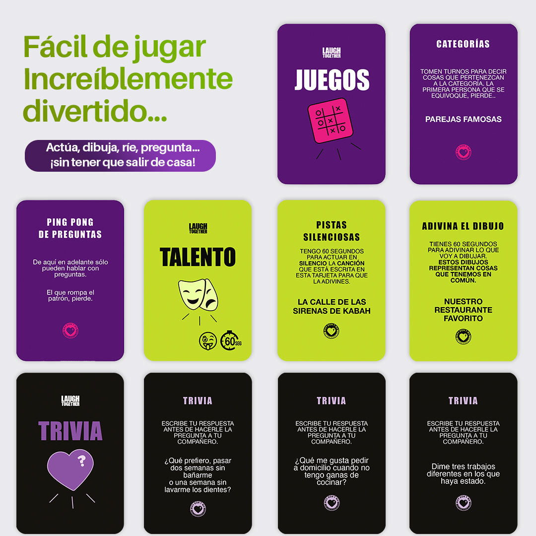 Cartas de retos de Laugh Together para parejas sobre la mesa